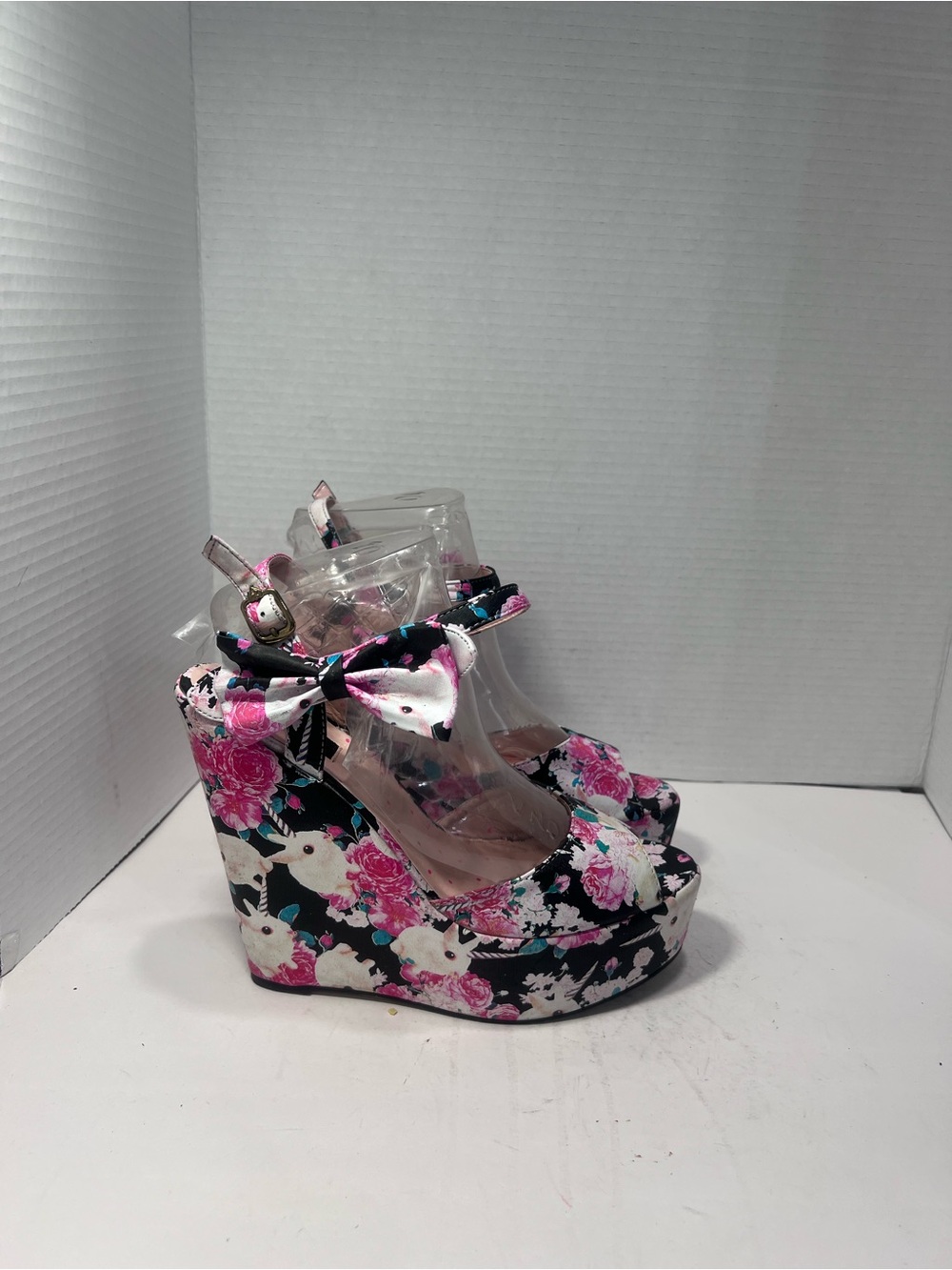 Iron Fist Pink & Black Floral Platform Wedges with Bow